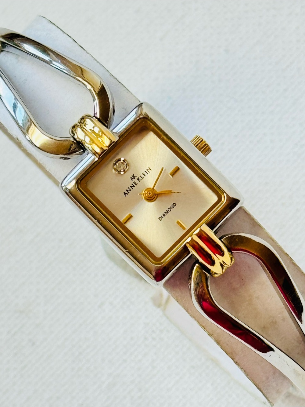 Vintage Anne Klein Diamond Women's Tank Watch Silver Gold Bracelet 10/7429